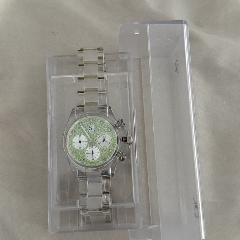 Silver and Green Watch with Clear Band